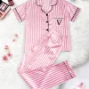 Classic Striped Print And Pocket Letter Short-Sleeve Long Pants Pajama Set, Satin Sleepwear with Lapel Collar and Button Detail
