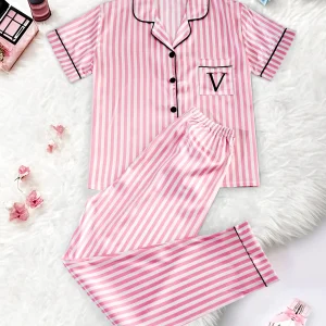 Classic Striped Print And Pocket Letter Short-Sleeve Long Pants Pajama Set, Satin Sleepwear with Lapel Collar and Button Detail