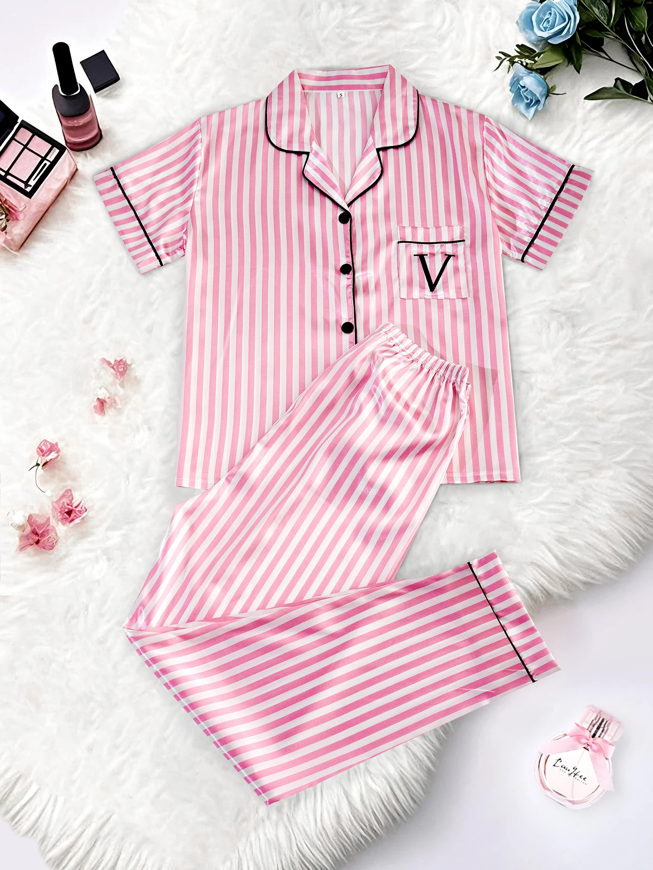 Classic Striped Print And Pocket Letter Short-Sleeve Long Pants Pajama Set, Satin Sleepwear with Lapel Collar and Button Detail