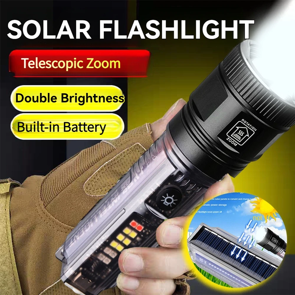 Clearance Sale Powerful LED Flashlight Solar Lantern Long Range Spotlight Tactical Torch Strong Light Warning Lamp Outdoor