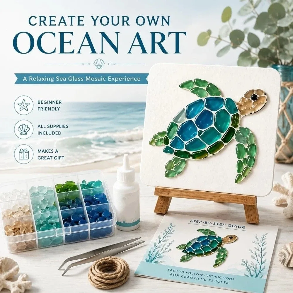 Colorful Glass Pieces Ocean DIY Sea Glass Art Kit Ocean Inspired Sea Creature Glass Mosaic Craft Set Wooden‑Easel - Image 2