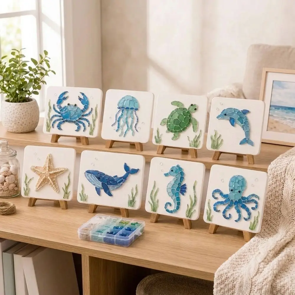 Colorful Glass Pieces Ocean DIY Sea Glass Art Kit Ocean Inspired Sea Creature Glass Mosaic Craft Set Wooden‑Easel - Image 4