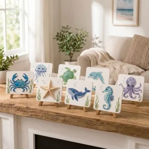 Colorful Glass Pieces Ocean DIY Sea Glass Art Kit Sea Creature Fun Educational Glass Mosaic Craft Set Unique Wooden‑Easel