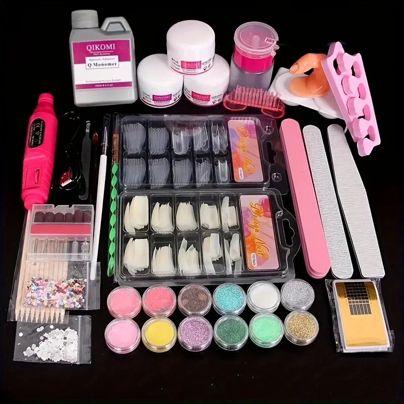 Complete Acrylic Powder Nail Kit, Professional Manicure Set with Nail Drill Machine, Acrylic Liquid, Nail Tips, Color Pigment Po