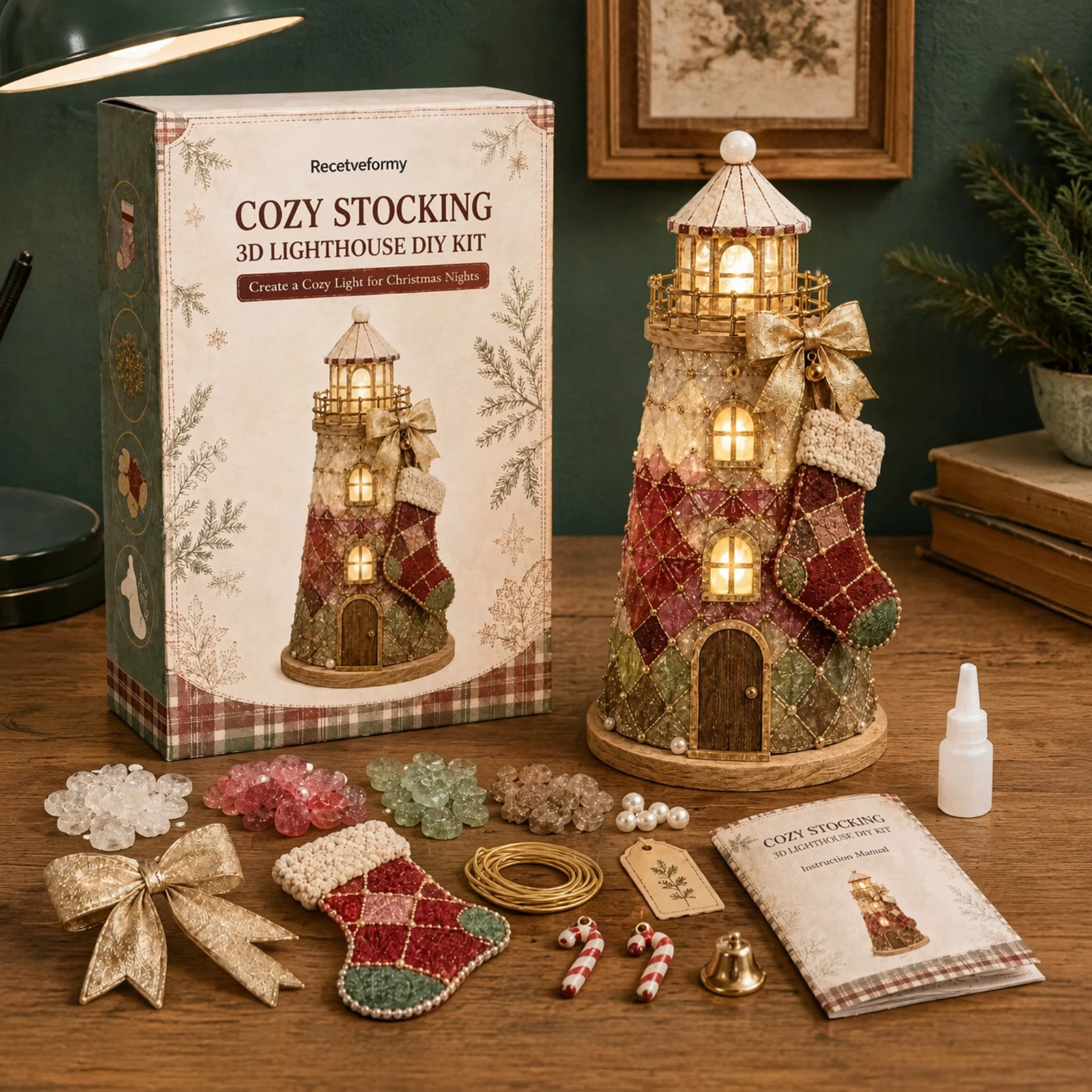 Complete DIY Sea Glass Lighthouse Craft Kit with Mosaic Pieces, Step-by-Step Guide, and Built-In Lights for Stunning Handmade - Image 2