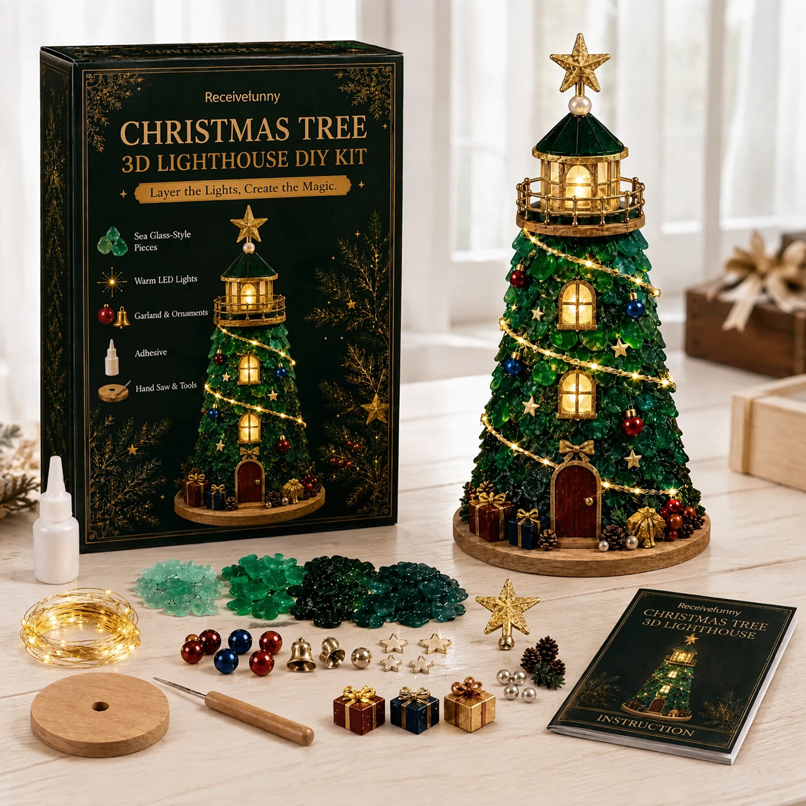 Complete DIY Sea Glass Lighthouse Craft Kit with Mosaic Pieces, Step-by-Step Guide, and Built-In Lights for Stunning Handmade - Image 3