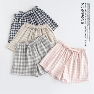 Couple Pajamas Summer Cotton Gauze Shorts Japanese Style Simple Elastic Waist Casual Large Size Lattice Men And Women Home Pants