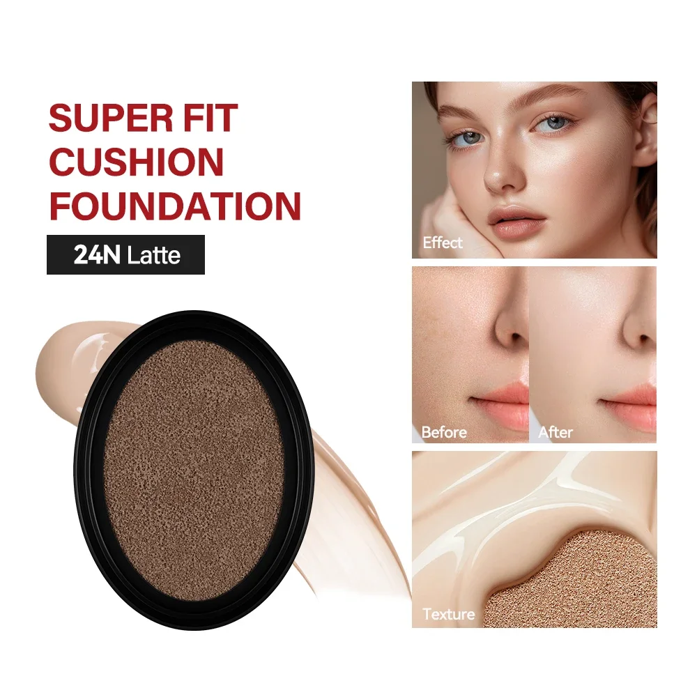 Cushion Refill Foundation Waterproof Semi-Matte Red Finish 72-Hour Wear Long-Lasting Buildable Coverage Sun Protection Makeup - Image 2