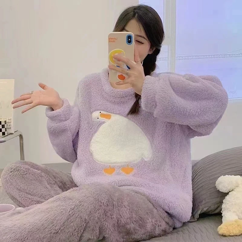 Cute Goose Print Women Flannel Fleece Pajamas Autumn Winter Warm Casual Long Sleeve 2PCS Homewear Sleepwear Set For Women New - Image 5