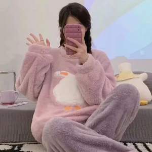 Cute Goose Print Women Flannel Fleece Pajamas Autumn Winter Warm Casual Long Sleeve 2PCS Homewear Sleepwear Set For Women New