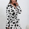 Cute Milk Cow Print Flannel Bathrobe For Women Long-Sleeve V-Neck Front-Belt Robe Soft Breathable Fit Sleeping And Lounging Pjs