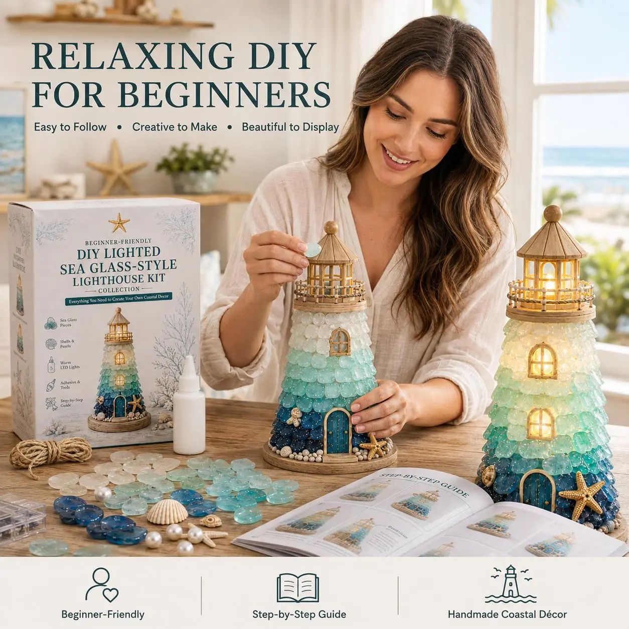 DIY Lighted Sea Glass-Style Lighthouse Kit Collection Beginner-Friendly Diy Glass Decorating with Pieces Guide Handmade Home De - Image 2