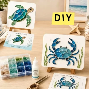 DIY Marine Animal Easel Ornament Sea Glass Art Kit Colored Glass Mosaic Art Set Handmade Creation Set For Home Decoration Gifts
