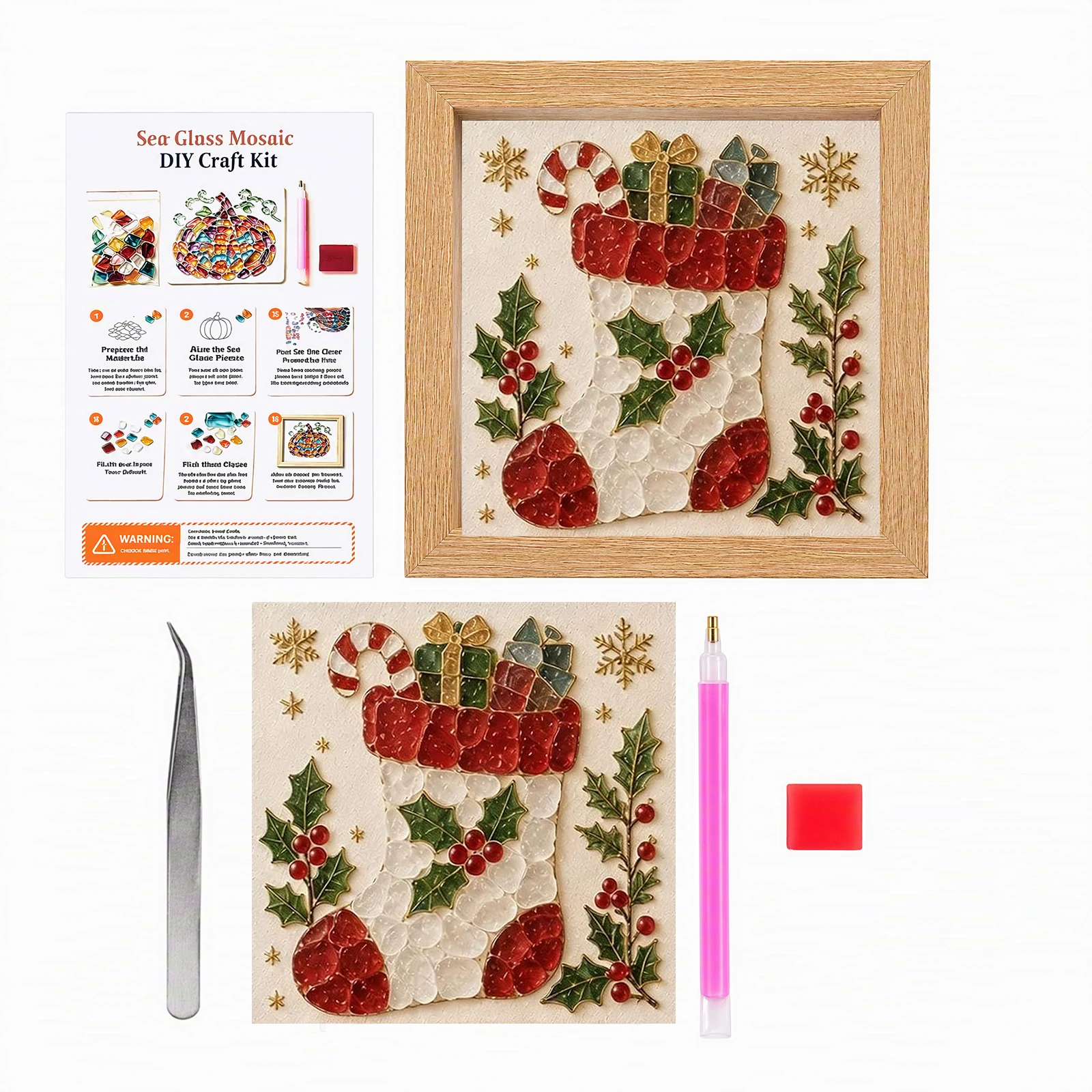 DIY Mosaic Art Kit 8 Projects Garden Floral Ocean Theme Glass Tiles Pre-Printed Board Wood Easel Holiday Gift Set - Image 4