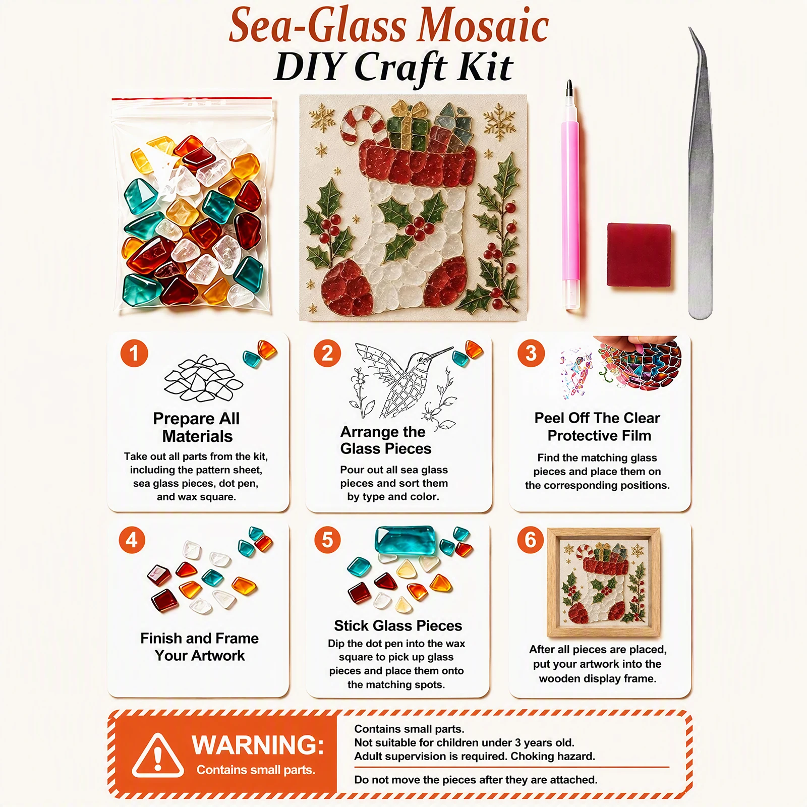 DIY Mosaic Art Kit 8 Projects Garden Floral Ocean Theme Glass Tiles Pre-Printed Board Wood Easel Holiday Gift Set - Image 6