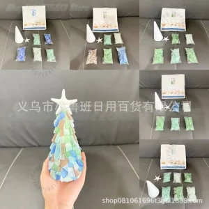 DIY Sea Glass Christmas Tree Art Kit,3D Lighted Christmas Decoration Craft with LED Lights, Coastal Holiday Tabletop Decor Gift