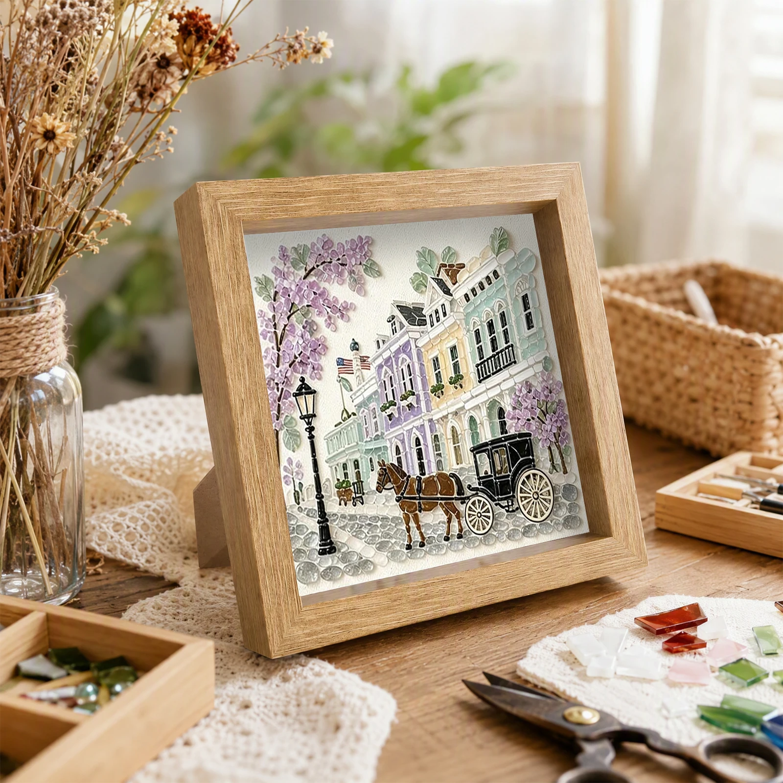 DIY Sea Glass Mosaic Art Kit Pre-Printed Flower House Carriage Mosaic Craft Kit Decorative Coastal Landscape Wall Art Decor - Image 2