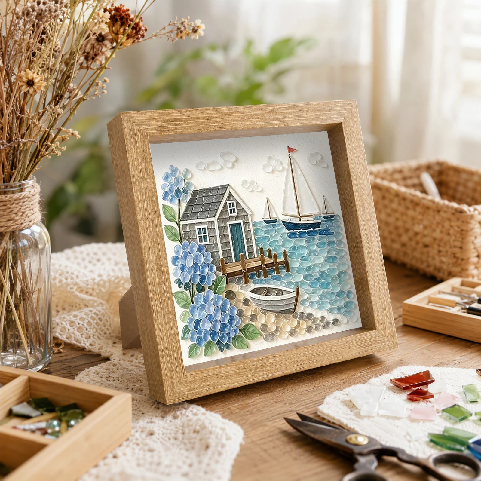 DIY Sea Glass Mosaic Art Kit Pre-Printed Flower House Carriage Mosaic Craft Kit Decorative Coastal Landscape Wall Art Decor - Image 4