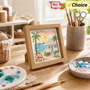 DIY Sea Glass Mosaic Art Kit Pre-Printed Flower House Carriage Mosaic Craft Kit Decorative Coastal Landscape Wall Art Decor