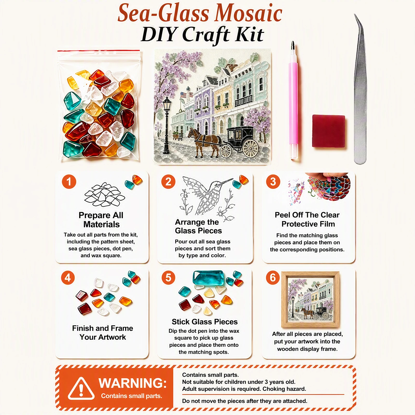 DIY Sea Glass Mosaic Art Kit Pre-Printed Flower House Carriage Mosaic Craft Kit Decorative Coastal Landscape Wall Art Decor - Image 6