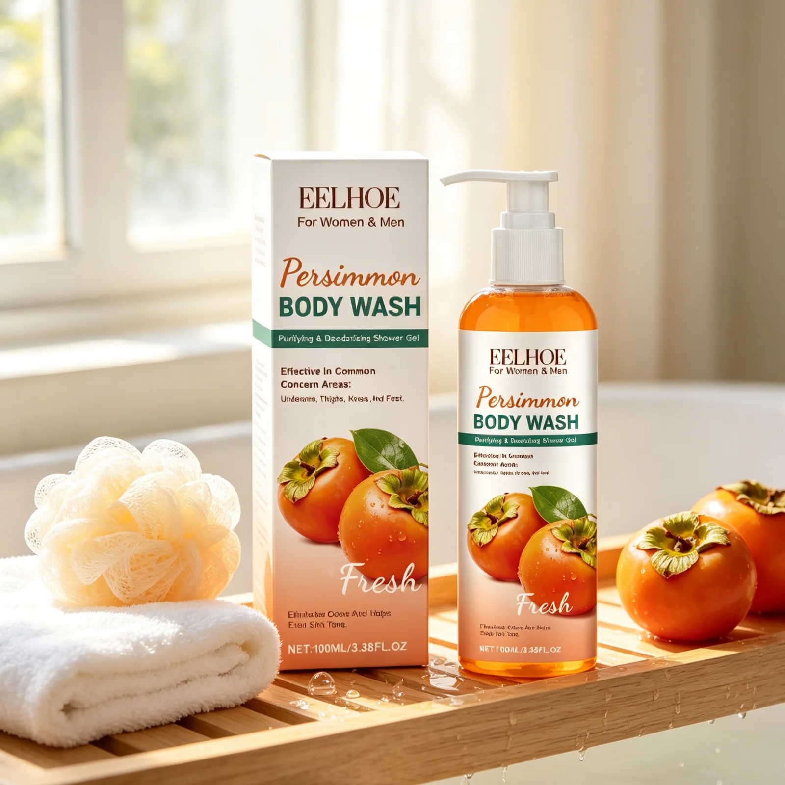EELHOE Persimmon Body Wash Eliminating Body Odor Moisturizing Body Deep Gently Cleaning Refreshing Deodorizing Shower Wash 100ml - Image 3