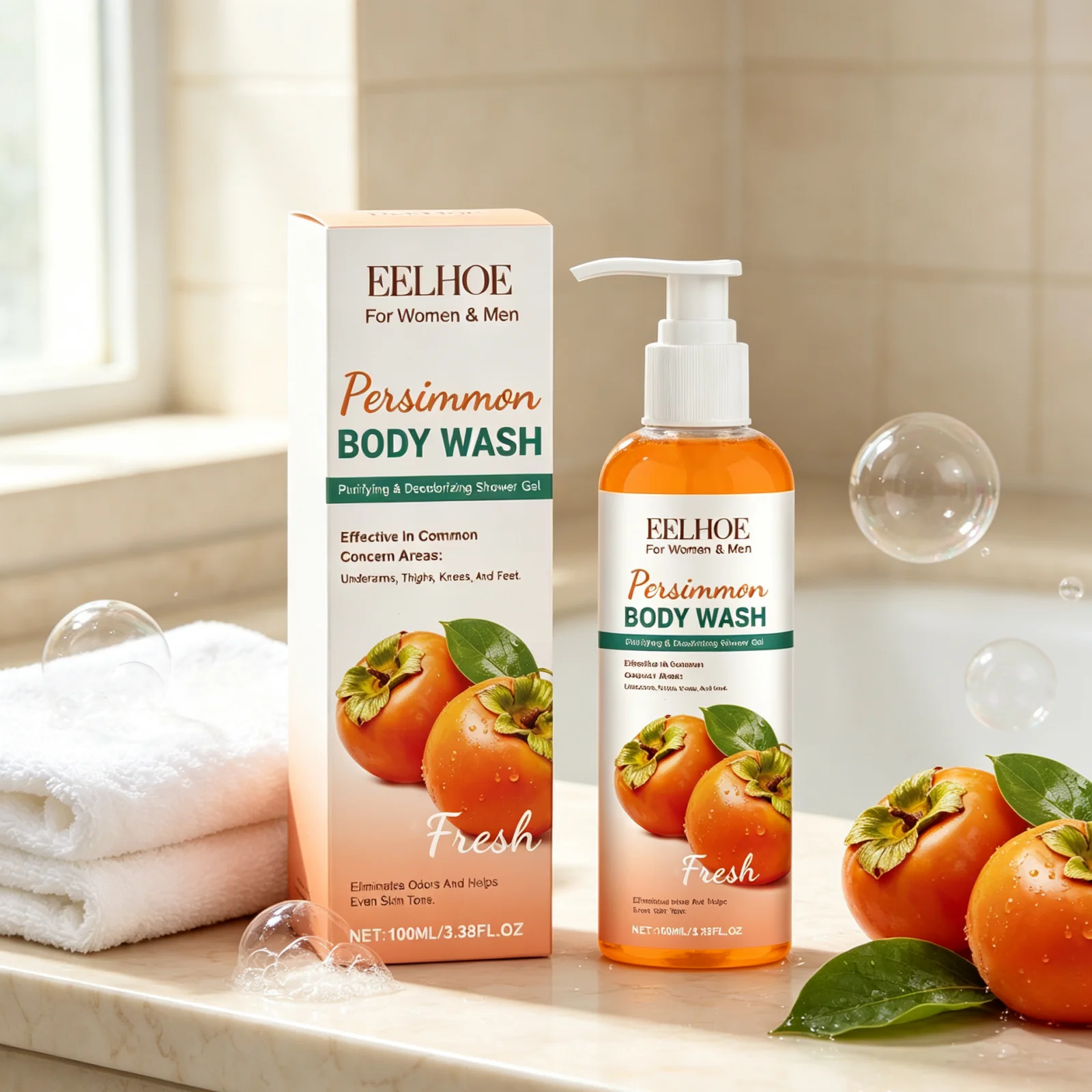 EELHOE Persimmon Body Wash Eliminating Body Odor Moisturizing Body Deep Gently Cleaning Refreshing Deodorizing Shower Wash 100ml - Image 5