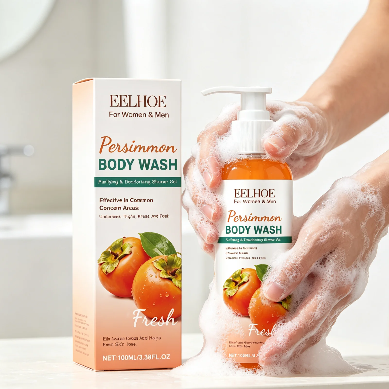 EELHOE Persimmon Body Wash Eliminating Body Odor Moisturizing Body Deep Gently Cleaning Refreshing Deodorizing Shower Wash 100ml