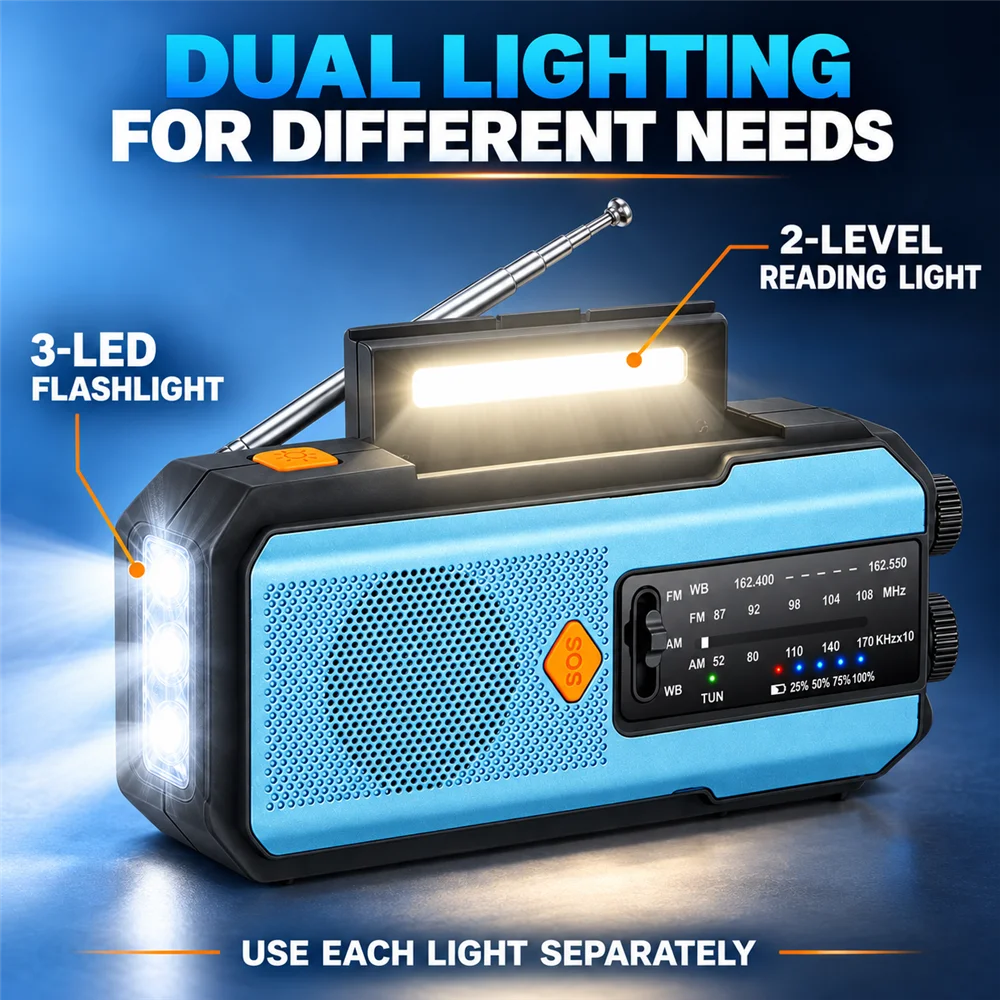 EU Emergency Radio AM FM WB Blue 5000mAh or Blue Red Black 2000mAh Solar Hand Crank USB Charging SOS Flashlight Power Bank 3 LED - Image 3