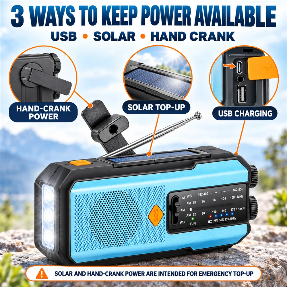 EU Emergency Radio AM FM WB Blue 5000mAh or Blue Red Black 2000mAh Solar Hand Crank USB Charging SOS Flashlight Power Bank 3 LED - Image 4