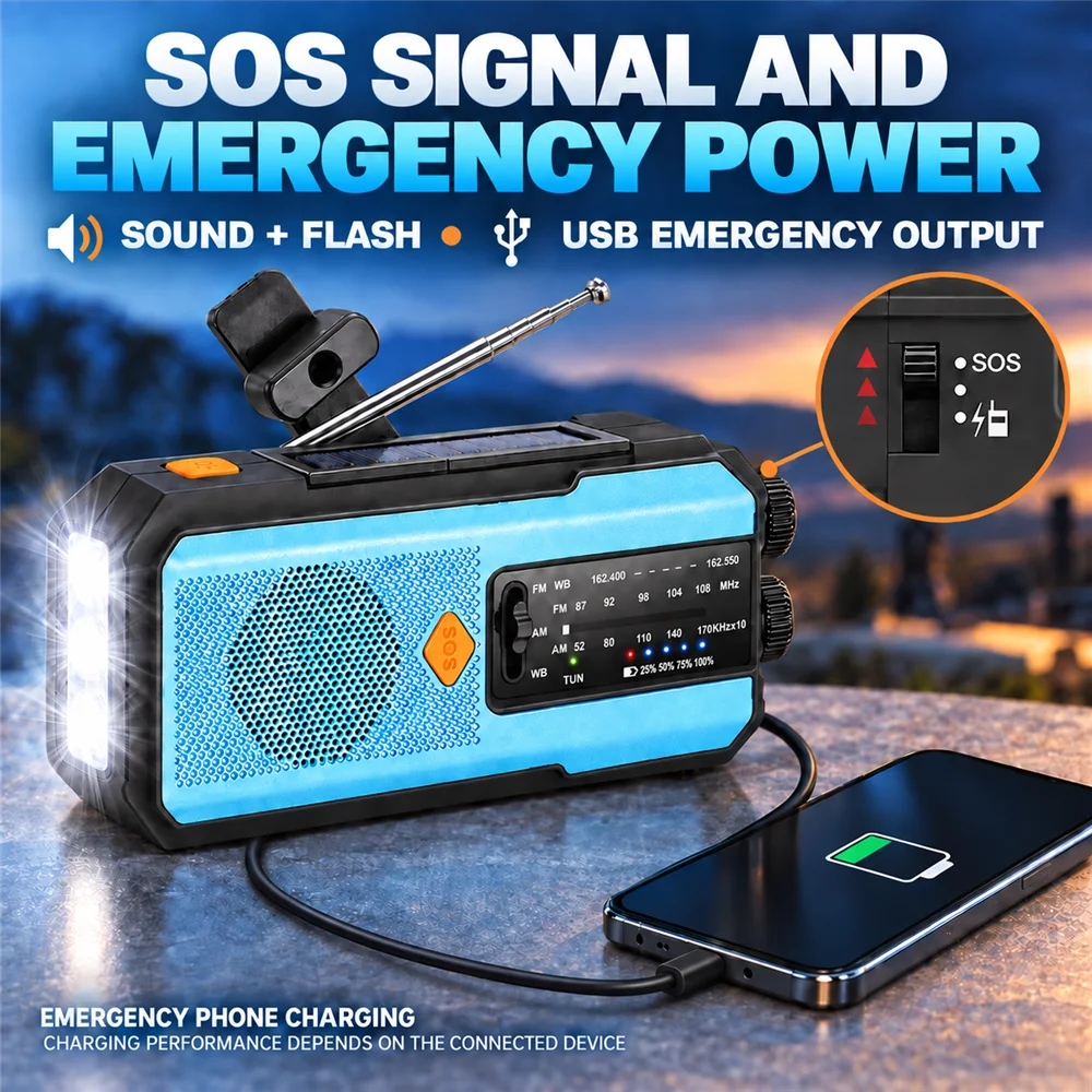 EU Emergency Radio AM FM WB Blue 5000mAh or Blue Red Black 2000mAh Solar Hand Crank USB Charging SOS Flashlight Power Bank 3 LED - Image 5