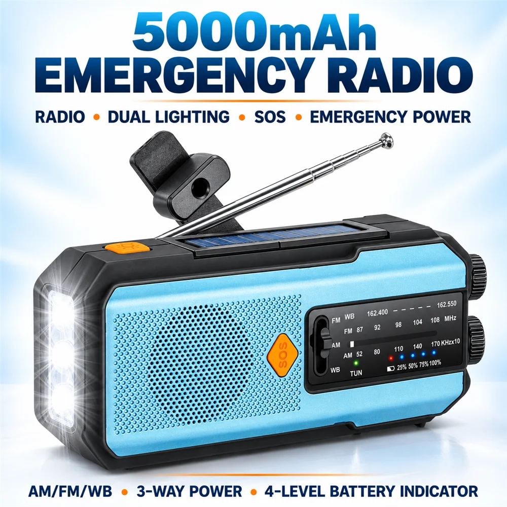 EU Emergency Radio AM FM WB Blue 5000mAh or Blue Red Black 2000mAh Solar Hand Crank USB Charging SOS Flashlight Power Bank 3 LED