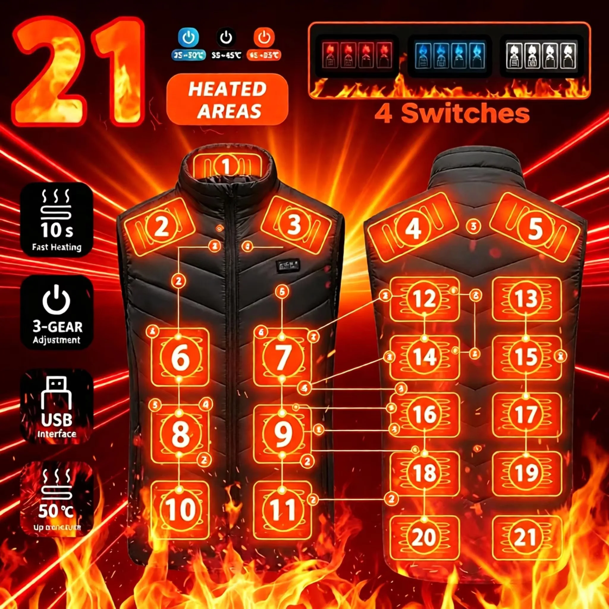 Electric Heated Vest 21 Zones Graphene Heating Technology Men Women USB Heating Jacket Sportswear Heated Coat for Camping
