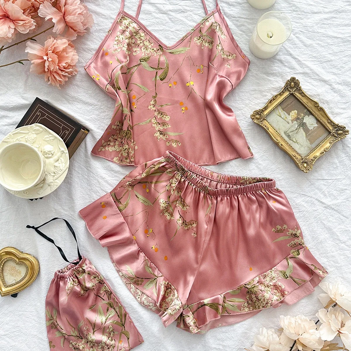 Elegant Floral Print Cami Tops Ruffle Hem Shorts Pajama Set Women's Sleepwear Loungewear - Image 6
