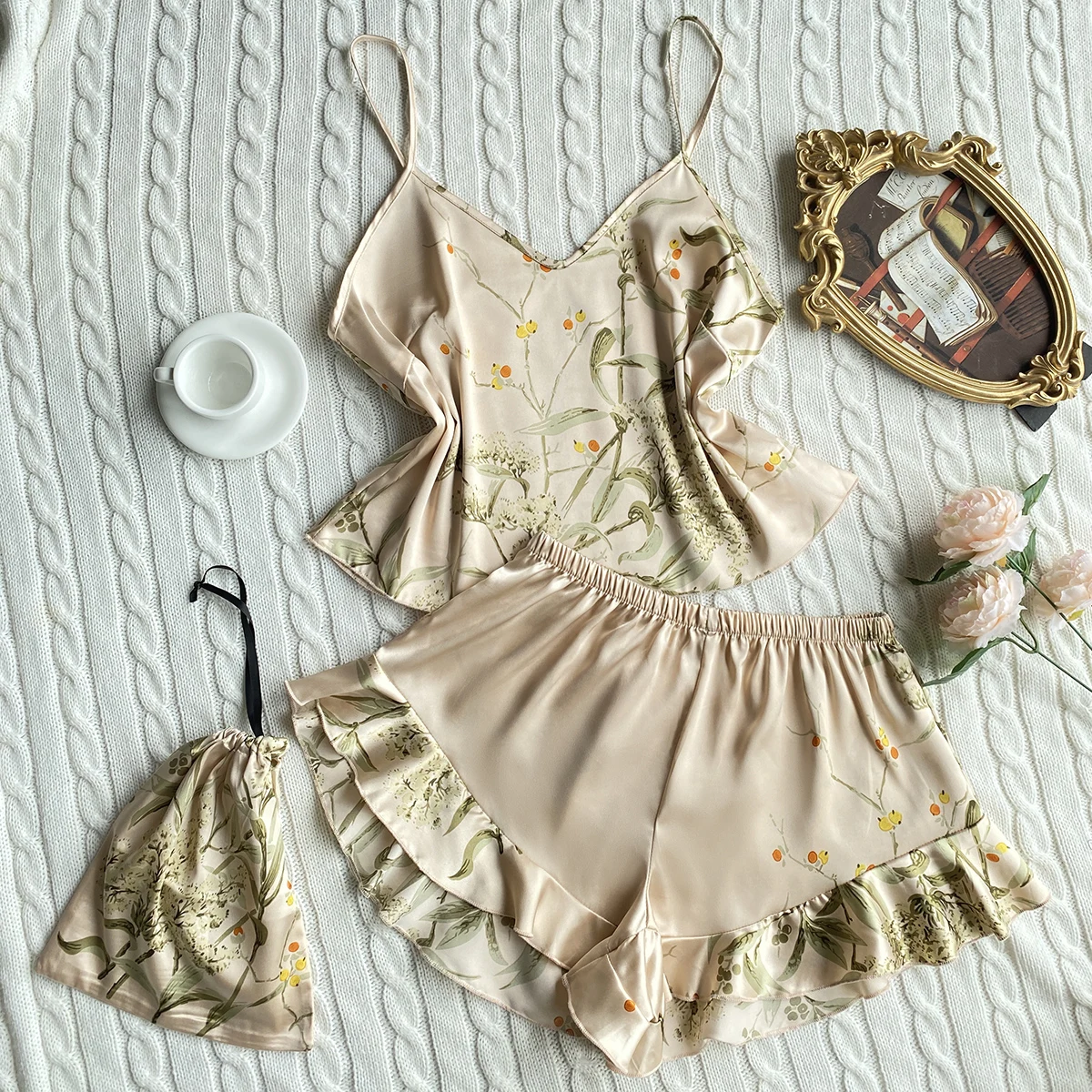 Elegant Floral Print Cami Tops Ruffle Hem Shorts Pajama Set Women's Sleepwear Loungewear - Image 3