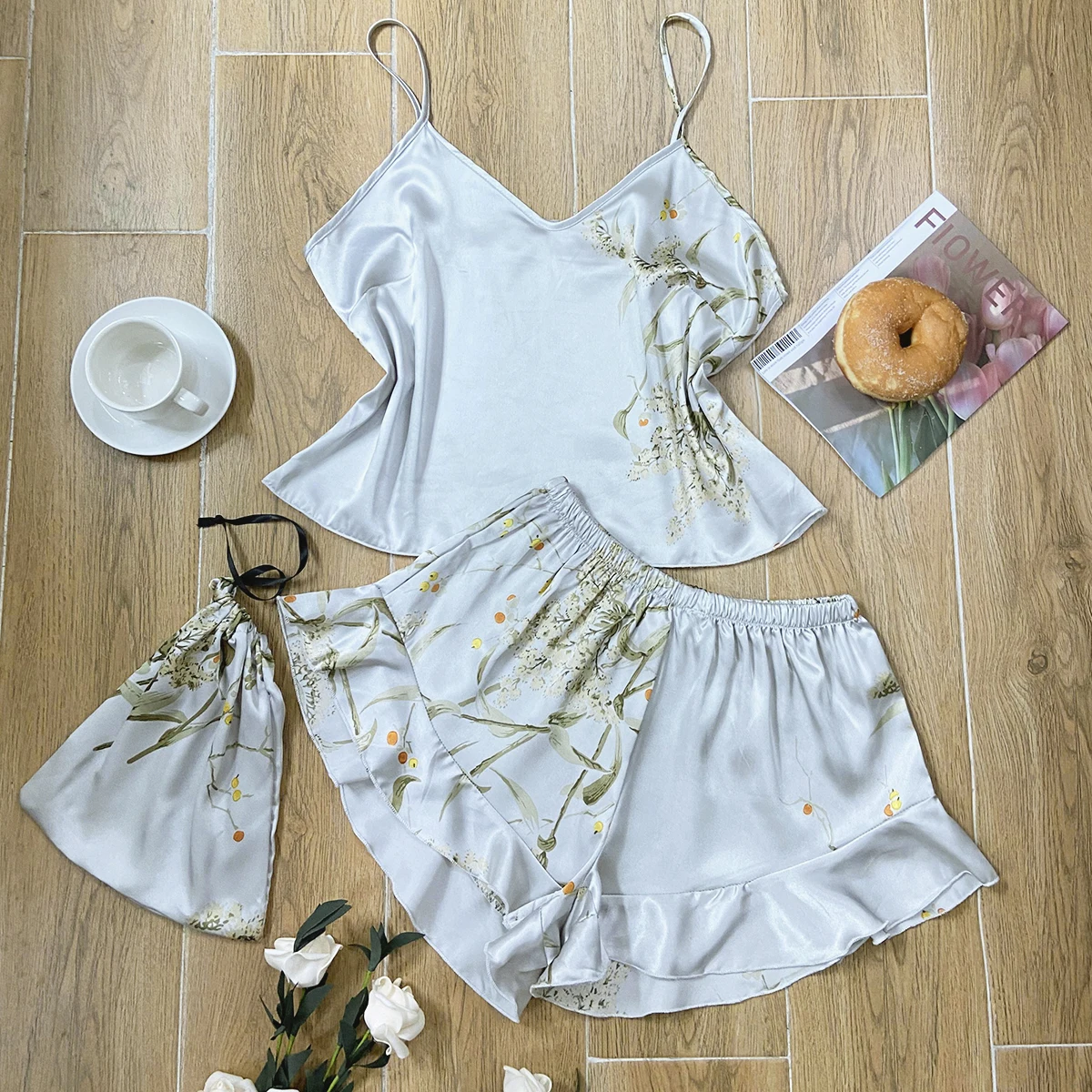 Elegant Floral Print Cami Tops Ruffle Hem Shorts Pajama Set Women's Sleepwear Loungewear - Image 4