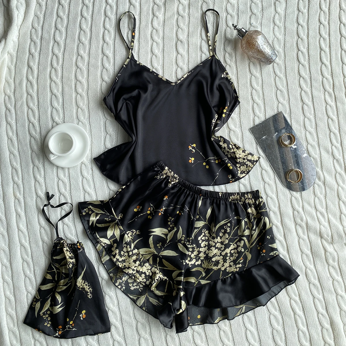 Elegant Floral Print Cami Tops Ruffle Hem Shorts Pajama Set Women's Sleepwear Loungewear - Image 5