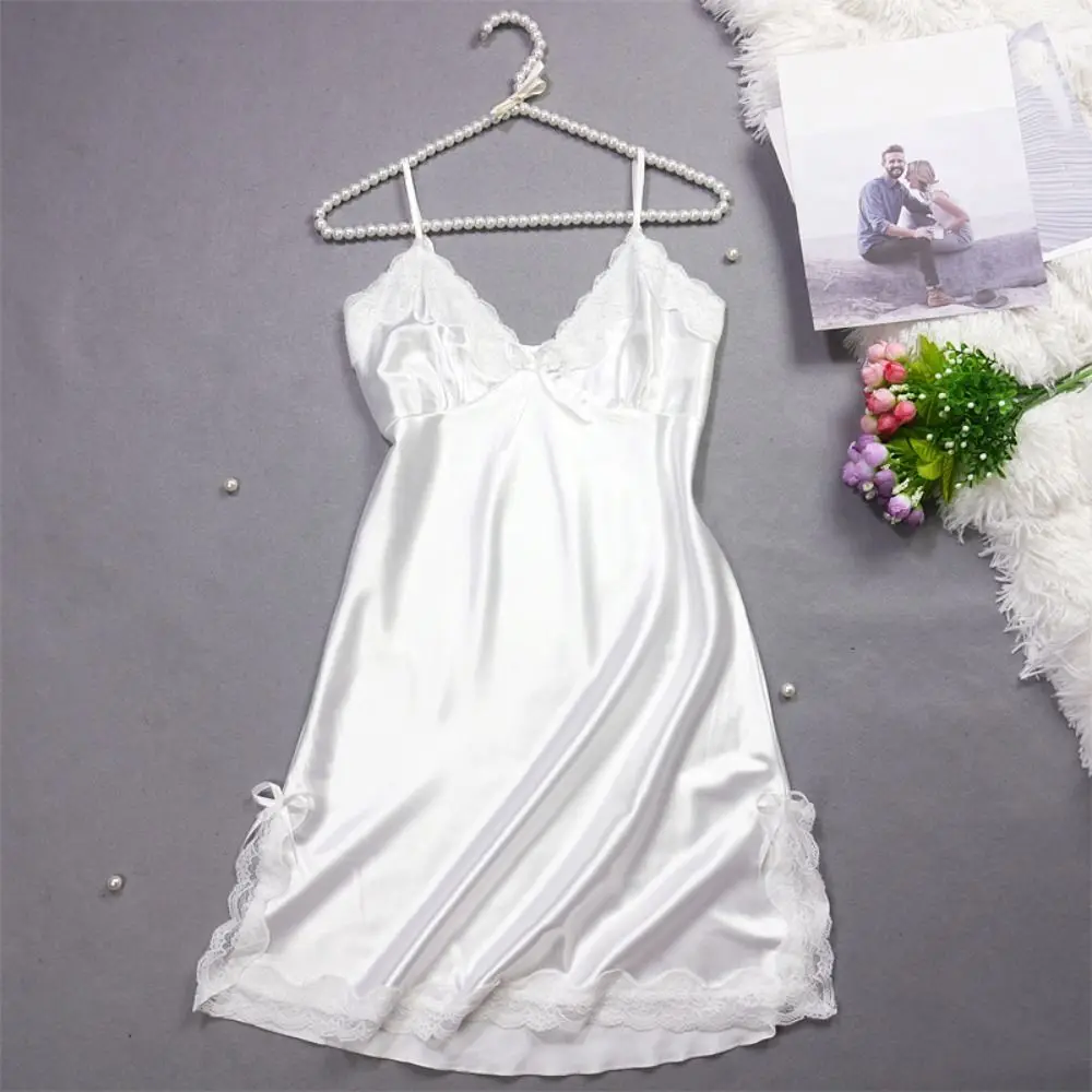 Elegant Lace Bow Women's Pajama Dress Split Thin Ice Silk Suspender Nightdress Party Dress Sleeveless Slim Sling Nightgown Club - Image 2