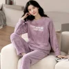 Embroidery Letter Winter Warm Sleepwear Loungewear Round Neck Fleece Soft Casual Pajamas Women 2 Piece Set French Home Wear