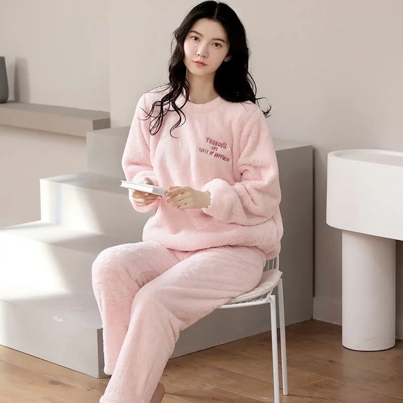 Embroidery Letter Winter Warm Sleepwear Loungewear Round Neck Fleece Soft Casual Pajamas Women 2 Piece Set French Home Wear - Image 5