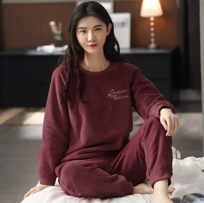 Embroidery Letter Winter Warm Sleepwear Loungewear Round Neck Fleece Soft Casual Pajamas Women 2 Piece Set French Home Wear - Image 3