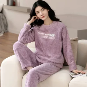 Embroidery Letter Winter Warm Sleepwear Loungewear Round Neck Fleece Soft Casual Pajamas Women 2 Piece Set French Home Wear