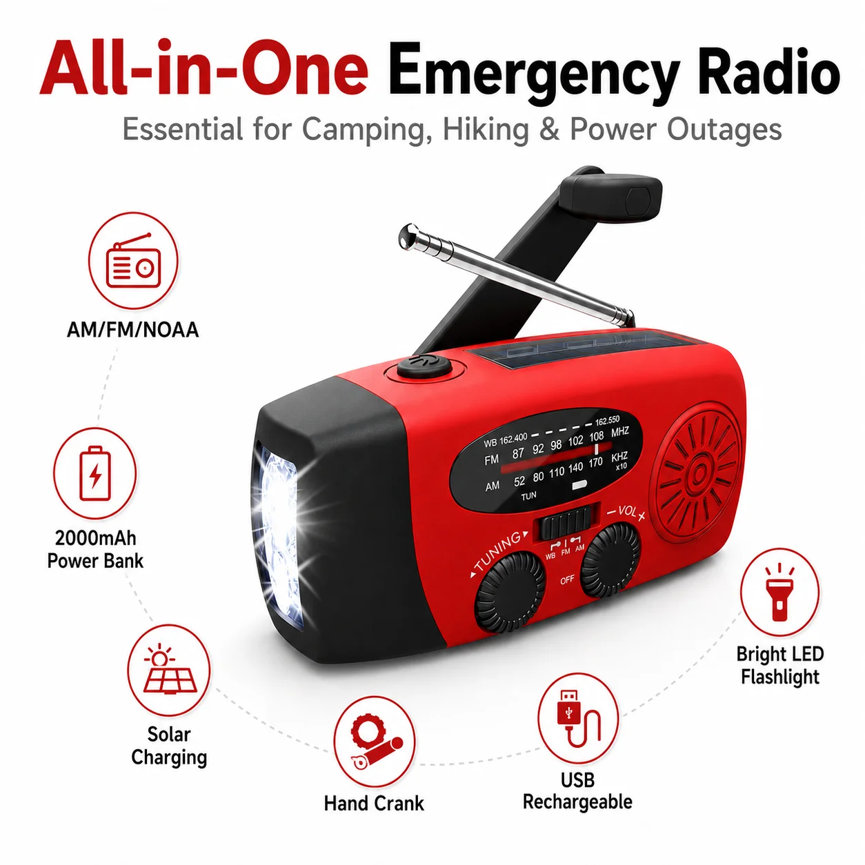 Emergency Hand Crank Radio – Solar Powered Weather Radio 2000mAh Power Bank, AM/FM/NOAA, LED Flashlight, Portable Survival Radio - Image 2