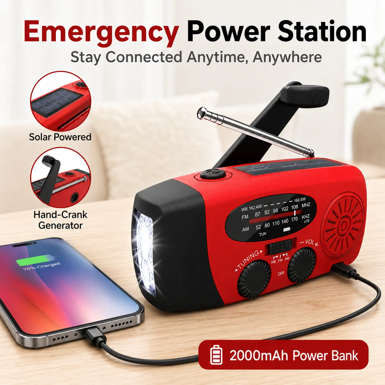 Emergency Hand Crank Radio – Solar Powered Weather Radio 2000mAh Power Bank, AM/FM/NOAA, LED Flashlight, Portable Survival Radio - Image 3