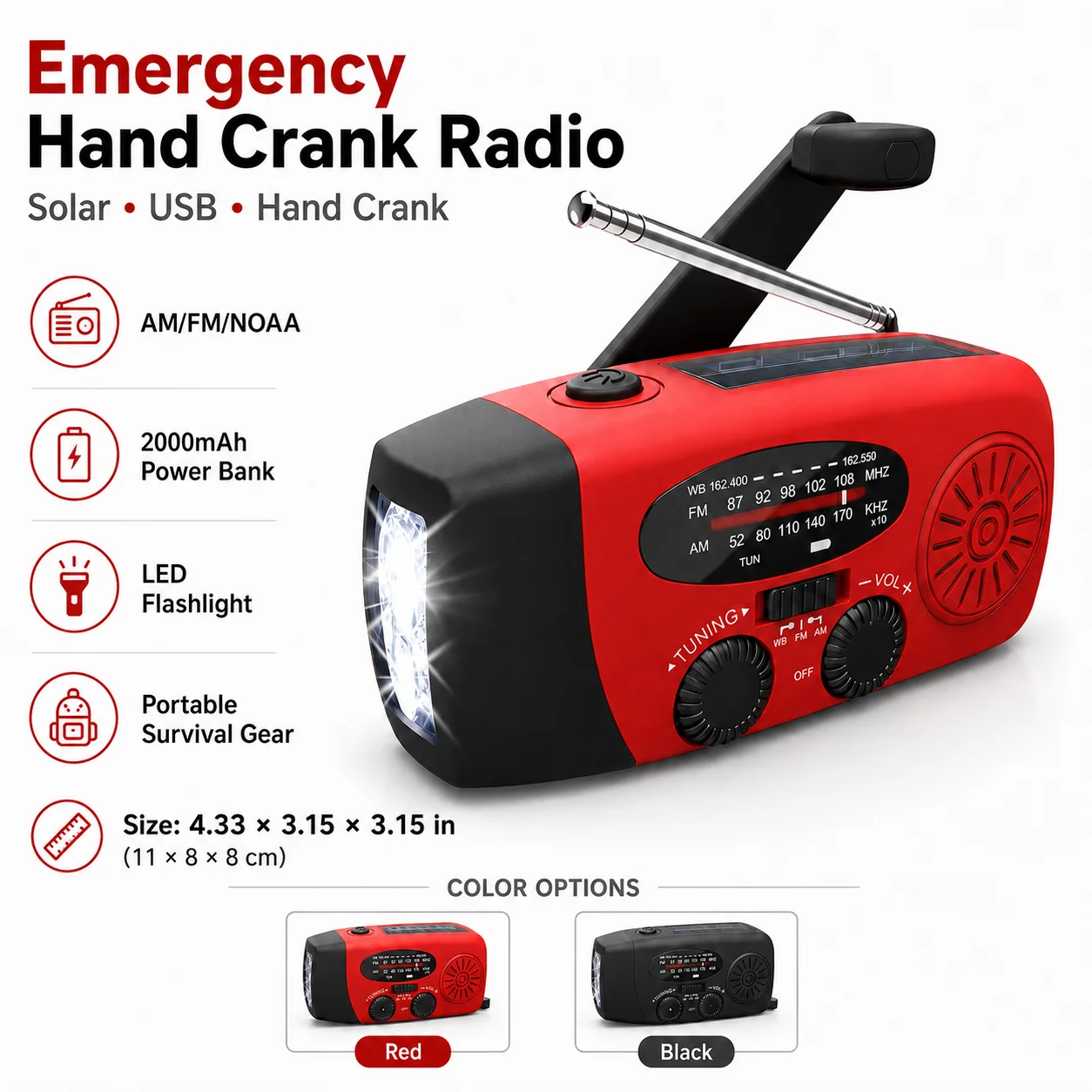 Emergency Hand Crank Radio – Solar Powered Weather Radio 2000mAh Power Bank, AM/FM/NOAA, LED Flashlight, Portable Survival Radio - Image 4