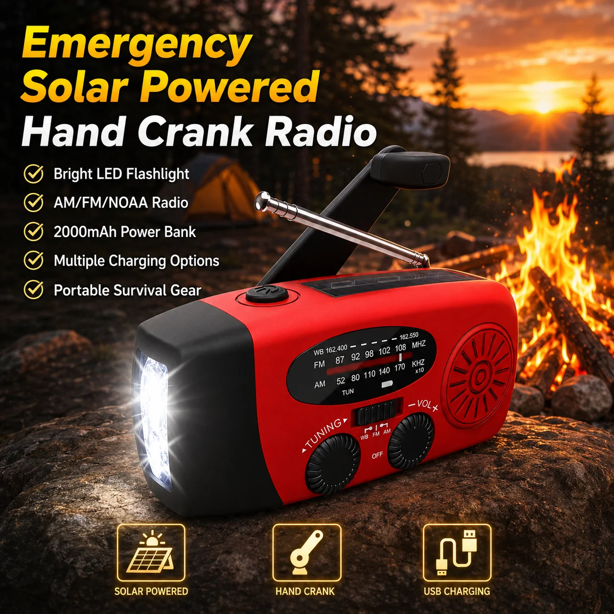 Emergency Hand Crank Radio – Solar Powered Weather Radio 2000mAh Power Bank, AM/FM/NOAA, LED Flashlight, Portable Survival Radio