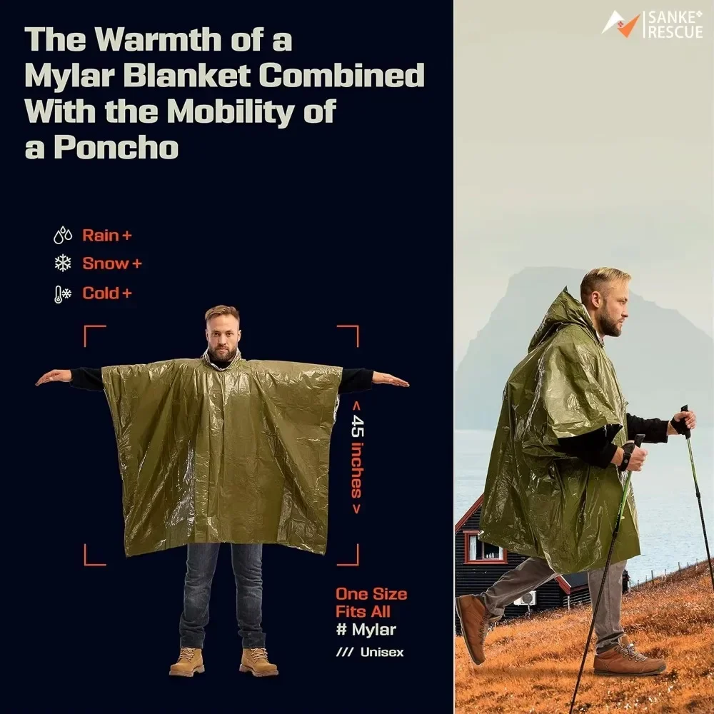 Emergency Poncho - Waterproof Raincoat With Cold Insulation & Survival Blanket, Disposable Reusable for Camping/Hiking - Image 2