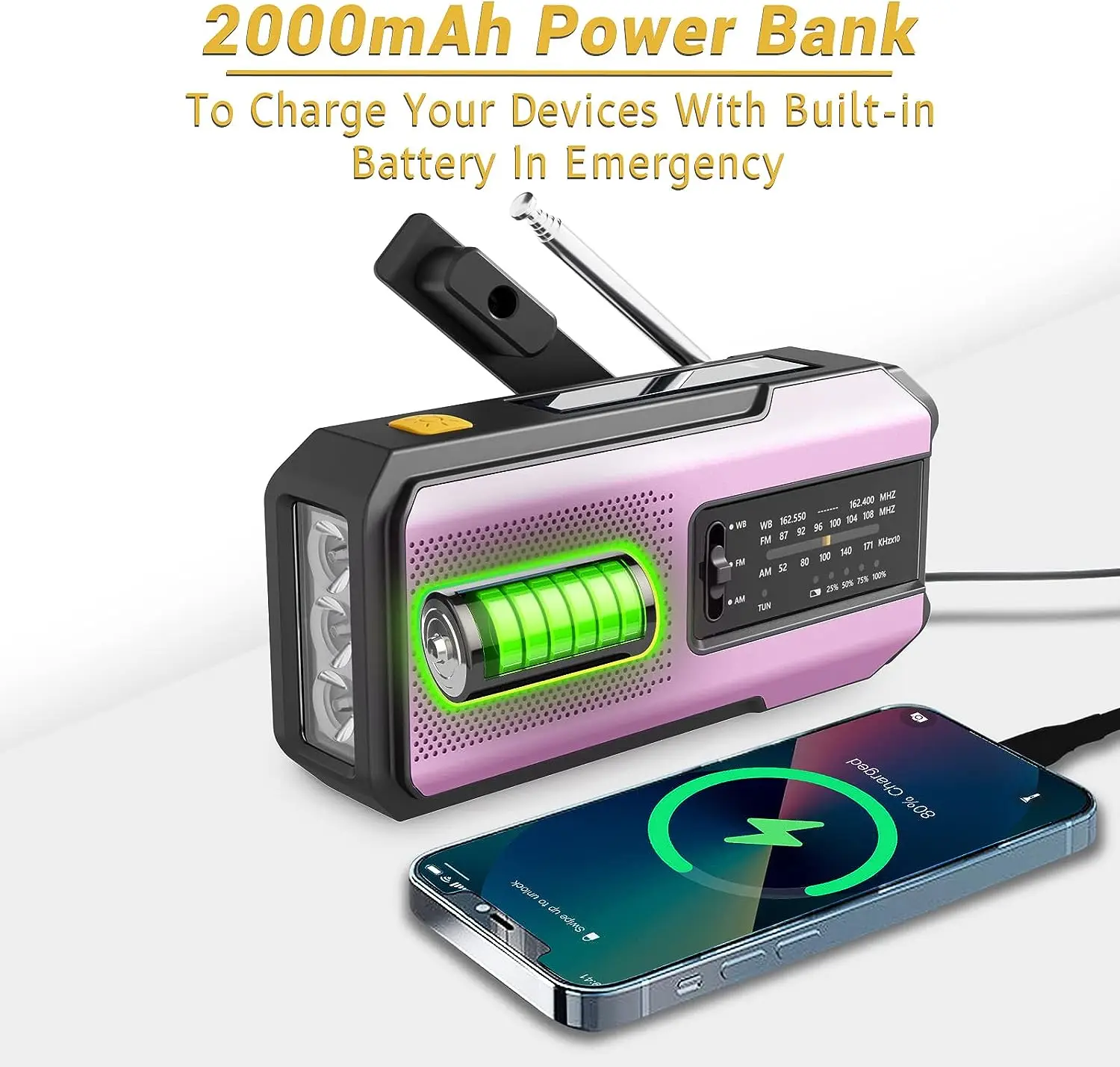 Emergency Portable Hand Crank NOAA Weather Radio,Solar Powered,AM/FM,SOS Alarm,3 LED Flashlight 2000mAh Rechargeable Power Bank - Image 3