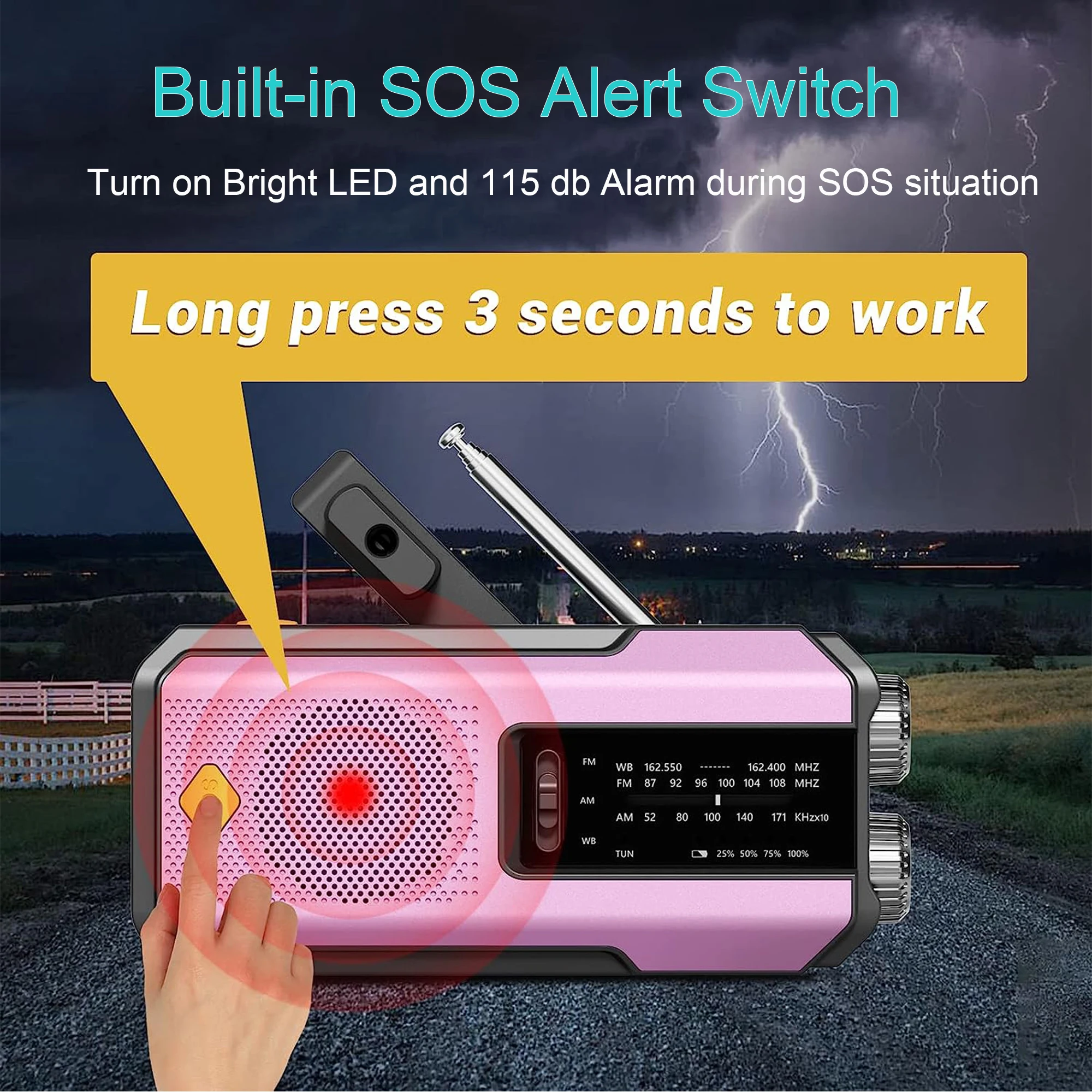 Emergency Portable Hand Crank NOAA Weather Radio,Solar Powered,AM/FM,SOS Alarm,3 LED Flashlight 2000mAh Rechargeable Power Bank - Image 4