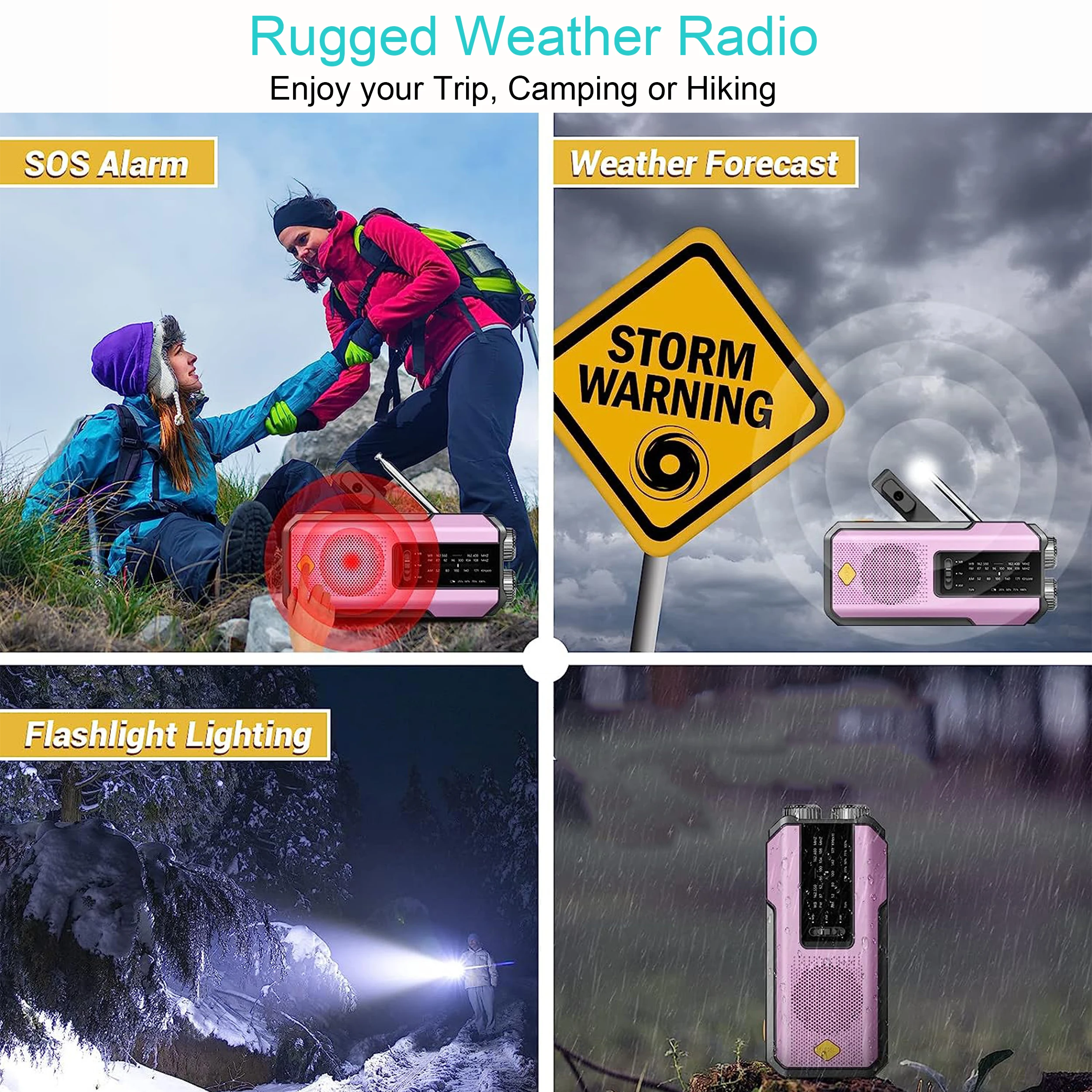 Emergency Portable Hand Crank NOAA Weather Radio,Solar Powered,AM/FM,SOS Alarm,3 LED Flashlight 2000mAh Rechargeable Power Bank - Image 5