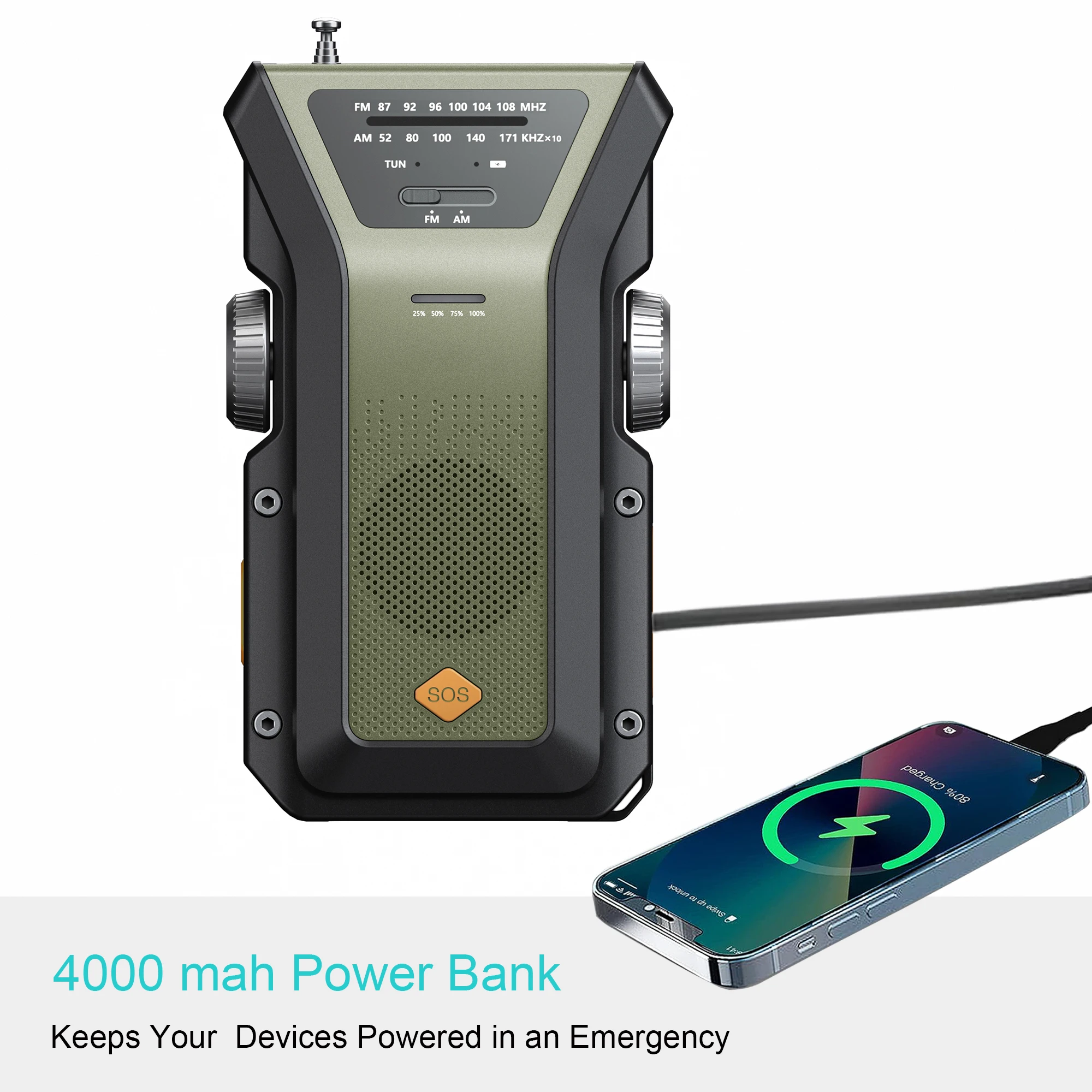 Emergency Portable Hand Crank NOAA Weather Radio,Solar Powered,AM/FM,SOS Alarm,3 LED Flashlight 4000mAh Rechargeable Power Bank - Image 2